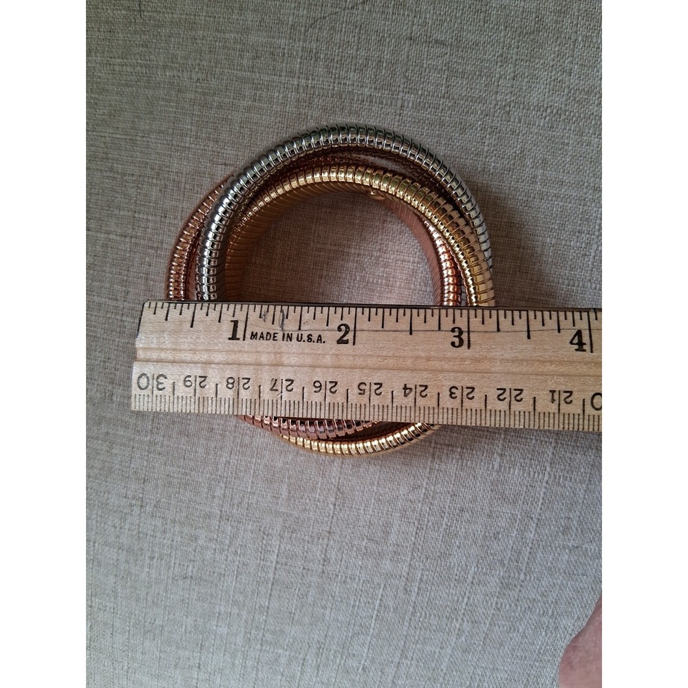 Tricolor Coil Bracelet Gold Silver Rose Tone Stretch Statement Bangle - Picture 4 of 6
